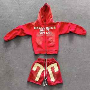 Acid Wash Sun Faded Distressed Vintage Hoodie and Sweat <b>Shorts</b> Custom Full <b>Zip</b> up Hoodie Puff Print <b>Shorts</b> Set for <b>Men</b> - Product Image 6