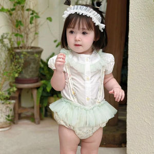 Envío Inmediato: Mono de Niña con Estampado Floral Mini, Estilo Lindo, Cuello Peter Pan, Manga Corta, Ropa para Bebés - SKS11 - Product Image 1