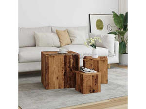Solid Wood <b>Rustic</b> Modern Cube Coffee <b>Table</b> <b>Set</b> with Nesting Side <b>Tables</b> Natural Wood Block Design Storage Features Metal Handles - Product Image 3