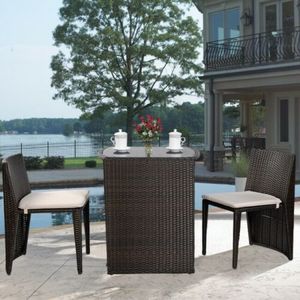 Ensemble bistrot moderne d'extérieur en rotin PE, 3 pièces, mobilier de patio en osier avec table à plateau en verre et chaises rembourrées pour balcon et jardin - Product Image 3