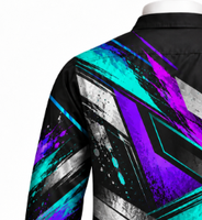 Kemeja Pria Lengan Panjang Hitam Kancing Depan Motif Grafis Ungu Teal Abstrak Modern Kasual Bahan Katun 100% Bernapas Modis