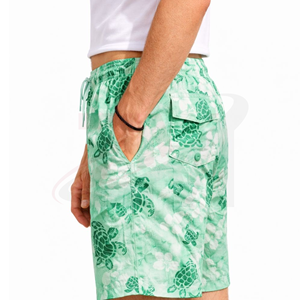 Short de bain décontracté pour homme à séchage rapide, imprimé floral tortue verte, avec cordon de serrage, taille mi-haute, longueur courte - Product Image 5
