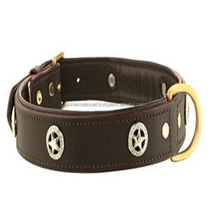 Collier de chien en cuir marron rembourré doux, mignon, fait à la main, pour animal domestique, avec clous étoiles, boucle ajustable et anneau en D - Product Image 2