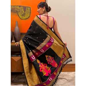 Sari en soie Paithani traditionnel spécial de Karishma Sharma, noir, tissé avec des fils Zari, Vitthala God, vêtements indiens et pakistanais, 650g - Product Image 5