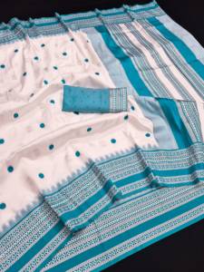 Sari Banarasi Imprimé Blanc et Bleu pour Femme, Tenue Traditionnelle Décontractée, Longueur Standard, Sans Plis, Style Ethnique Indien, Mode Leranath - Product Image 6