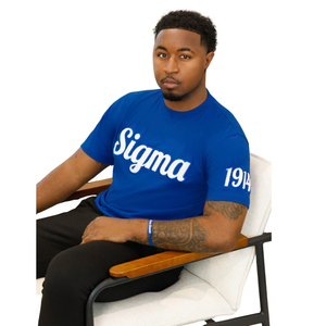 Camiseta Sigma 1914 de Chenilla Azul para Hombre, con Letras Griegas, Prenda Premium para Fraternidad, Manga Corta, Corte Clásico, Estilo Casual - Product Image 1