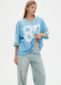 Women's Light <b>Blue</b> V-Neck <b>Mesh</b> Football Jersey Short Sleeve Loose Fit Breathable Team Number 80 Print All Seasons Apparel - Product Image 5