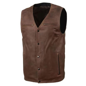 Chaleco de Cuero Genuino para Hombre SALVA LEATHER, Cuello en V, Cierre Frontal, Color Sólido, Ropa de Invierno Informal, Corte Regular, Estilo Motero, Resistente al Viento - Product Image 2