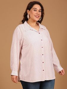 Chemise boutonnée à manches longues pour femmes, taille plus, rayée rouge et blanc, coupe classique, col à revers, viscose rayonne - Product Image 5