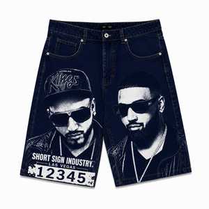 Men's Hip Hop <b>Denim</b> Bermuda Shorts With Print Design Mid Waist Button Fly Cotton Canvas <b>Material</b> Breathable Style - Product Image 1