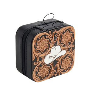 Estuche de Joyería de Cuero Repujado con Diseño Floral Occidental y Cierre de Cremallera, Diseño de Sombrero Vaquero, Organizador Portátil y Duradero, Estilo Vintage para Mujer - Product Image 1