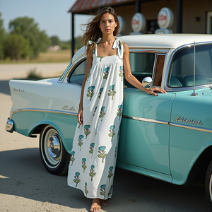 Robe d'été Boho Casual Dress Sleeveless Maxi Square Neckline Tie-up Shoulder Straps Blue Green Floral Print Loose Fit Flowing Style - Product Image 2