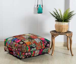 Cojín de Piso Bohemio con Diseño de Patchwork, Cuadrado, de Algodón Acolchado, Bordado, con Funda Lavable y Extraíble, Hecho en México - Product Image 1