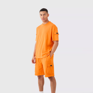 Men's Orange Regular Fit <b>T</b>-<b>Shirt</b> with Shorts Set Short Sleeve O-Neck Casual Wear Breathable 100% Cotton Anti-Wrinkle - Product Image 3