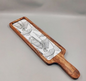 Plateau de service en bois de manguier rustique naturel avec plateau de service imprimé en émail personnalisé pour les aliments, les desserts et les fruits secs - Product Image 2