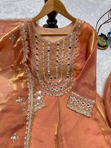 Ensemble Kurta Palazzo Dupatta pour femmes, couleur corail, avec travail miroir, style Salwar traditionnel, tenue de soirée - Product Image 2