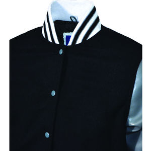 Men's Royal Blue Varsity <b>Jacket</b> With <b>Black</b> Leather Sleeves Stand Collar Casual Autumn Wear - Product Image 5