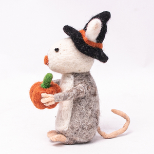 Felt Mouse with <b>Witch</b> Hat Holding Pumpkin Halloween Ornament Cute Spooky Wool Felt Hanging <b>Decoration</b> (100% Handmade) - Product Image 2