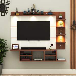 Meuble TV mural en bois d'ingénierie avec panneau arrière en PVC rayé et éclairage LED intégré |   Meuble TV avec boîte de rangement ouverte Marron & Blanc - Product Image 1