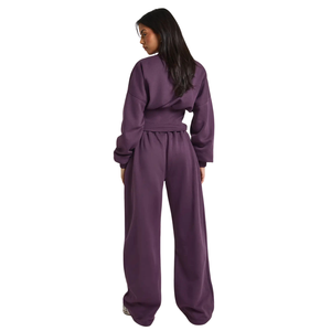 Ensemble de survêtement décontracté deux pièces pour femme, coupe courte, avec fermeture à boutons, en molleton, col rond, taille élastique, jambe large, tenue de sport décontractée - Product Image 1