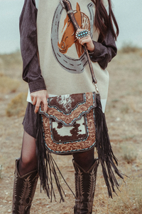 Western Tooled Leather Cowhide Crossbody <b>Bag</b> with Fringe – Vintage <b>Boho</b> Shoulder Messenger <b>Bag</b> for Women - Product Image 2