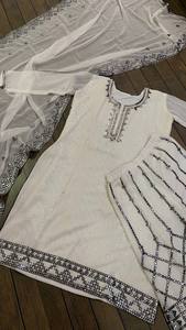 Ivory White Embroidered Salwar Palazzo Set with Dupatta Designer Party & Wedding Wear for Women Winter Summer - Product Image 3