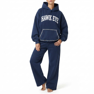 Ensemble de survêtement décontracté pour femme, effet délavé, avec sweat à capuche orné de strass et pantalon de jogging à jambe large – Vente en gros, haute qualité - Product Image 3