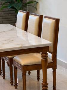 Luxury Marble <b>Top</b> <b>Dining</b> <b>Table</b> Set with Solid Teak Turned Legs and High Back Upholstered Chairs for Elegant <b>Dining</b> Rooms - Product Image 3