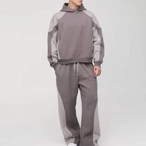 Ensemble sweat à capuche et pantalon pour homme, style color block, patchwork décontracté, en molleton bouclette, tricoté pour l'hiver, gris bicolore - Product Image 1