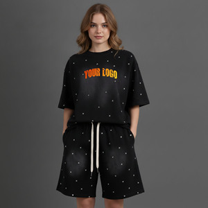 Conjunto de Camiseta y Pantalones Cortos de 2 Piezas para Mujer, 100% Algodón, de Alta Calidad, Diseño de Dos Tonos, por Encima de la Rodilla, con Bordado de Encaje, para Verano - Product Image 4