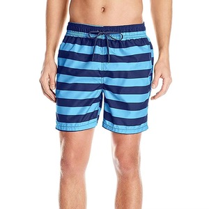 Short de bain rayé pour homme, bleu et blanc, avec cordon de serrage à la taille, séchage rapide, décontracté, longueur courte, taille mi-haute - Product Image 3