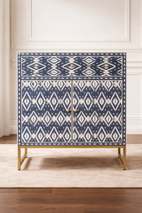 Aparador de Madera Maciza con Incrustaciones de Hueso Hecho a Mano, Gabinete con Cajones, Consola de Almacenamiento, Armario Decorativo con Patrón Azul y Blanco para Sala de Estar - Product Image 1