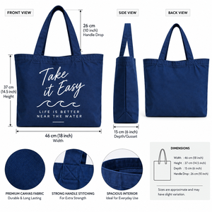 Bolsa de Lona Take It Easy 46x37x15cm Azul Marino con Patrón de Letras, Asa de 26cm, Interior Espacioso, Bolsa de Viaje y Compras - Product Image 2