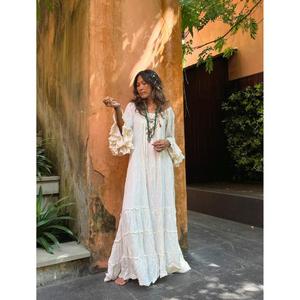 Vestido de Maternidad Moderno Estilo Boho para Boda, Vestido Largo de Alta Calidad con Volantes en los Hombros, Mangas Anchas, Diseño sin Espalda, Algodón Ecológico - Product Image 1