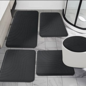 Modern 4-Piece Black Bath <b>Mats</b> <b>Set</b> Rectangle Memory Foam Non-Slip Rubber Backing Thick for Home <b>Bathroom</b> Use - Product Image 1
