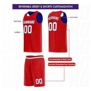Tenues de basketball rouge et bleu en tissu respirant, impression numérique par sublimation, ensemble personnalisé avec maillot et short - Product Image 3