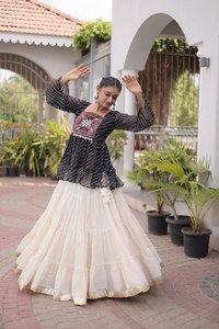 Elegant Black Striped <b>Top</b> With Cream Silk Lehenga Choli Traditional <b>Indian</b> Wedding Wear For Women Loose Fit Floor Length - Product Image 2
