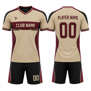 Ensemble de maillots de football personnalisés sublimés, beige bordeaux, manches courtes, respirant, en polyester, pour hommes, col en V, vêtements d'équipe pour adultes - Product Image 1