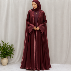 Luxury Customized Color Satin <b>Matte</b> High Neck <b>Floor</b> Length Open Front Modest Abaya Matching Inner Dress Hijab Elegant - Product Image 2