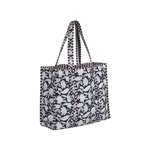 Handmade Quilted Cotton Tote <b>Bag</b> Black White Floral Block Print Reversible Open Washable Shoulder Shopping Grocery <b>Bag</b> for Women - Product Image 1