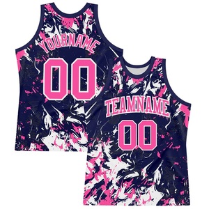 Conjunto de Uniforme de Baloncesto Sublimado Personalizado, Rosa, Azul Marino, Blanco, Estampado Abstracto, Transpirable, Poliéster, Unisex para Adultos - Product Image 2