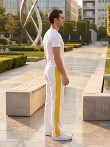 Men's White Sweatpants With Yellow Side Stripe Elastic Waist <b>Drawstring</b> Casual Joggers Flare Pants Spring Mid-Weight Flare Pants - Product Image 3
