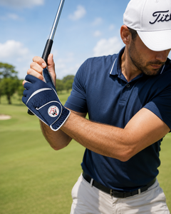 Gant de golf en cuir véritable bleu marine de qualité supérieure avec bordure blanche, doigts respirants, sangle de poignet réglable à scratch pour usage unisexe - Product Image 6