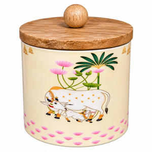 Recipiente Decorativo de Metal para Frutos Secos con Tapa de Madera, Acabado Crema, Diseño Floral de Vaca y Ternero, Premium para Cocina - Product Image 2