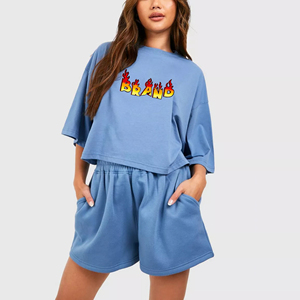 OEM/ODM 100% Cotton Women's 2 piece <b>Set</b> Custom Silk Screen Printed Logo Oversized Drop Shoulder Comfortable ladies 2 Piece <b>Set</b> - Product Image 1