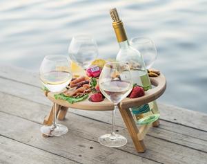 Portable Wooden Wine Picnic Table Outdoor <b>Folding</b> Mini Picnic Table with Wine Glass Holder Snack Serving Tray for Patio - Product Image 2