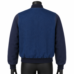 Custom Men <b>Denim</b> Varsity Jacket Zip Up Bomber Fleece Sleeve Streetwear Casual Winter Outdoor Baseball Letterman <b>Coat</b> OEM - Product Image 2
