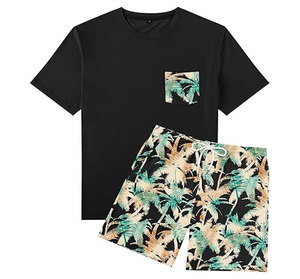Men's Black Floral Print T-Shirt <b>Set</b> With Pocket Casual Summer Shorts Crew Neck <b>Knitted</b> Breathable Outfit - Product Image 4