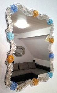 Handmade Murano Style <b>Mirror</b>, Blue Aqua Amber Floral Glass, Italian Vanity Wall Décor - Product Image 1