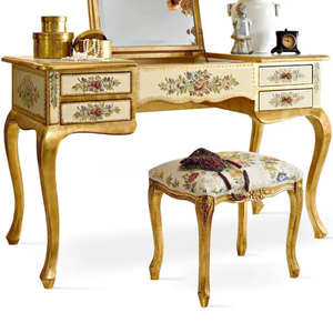 Coiffeuse de style français en acajou massif avec miroir pliant, ensemble de coiffeuse peint à la main à motifs floraux dorés, mobilier de chambre élégant - Product Image 5